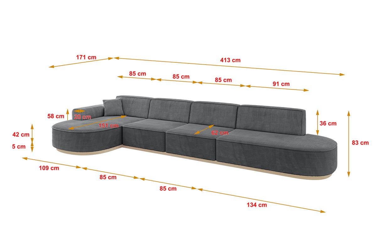 ECKSOFA Ottomane Links MARI-L3-v1 - 413x171x83 cm Dunkelgrau Cord - Dunkelgrau, Holzwerkstoff/Textil (413/171cm) - ALTDECOR