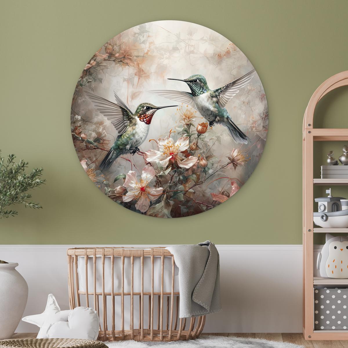 WANDBILD Kolibri - Vögel - Blumen - Pflanzen Deko Groß 150x150 cm - Hellgrün, Kunststoff (150/150cm) - MuchoWow