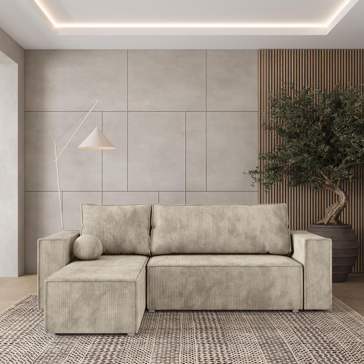ECKSOFA RAVELO P Creme Kordstoff mit Schlaffunktion - Creme/Grau, Holz/Kunststoff (240/140cm) - MASSENO