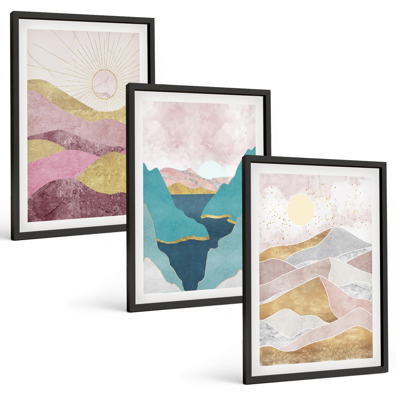 BILDER SET 3er Set - 40x60 cm Schwarzer Rahmen - Abstrakte Berge Sonne - Schwarz, Kunststoff (40/60cm) - TULUP