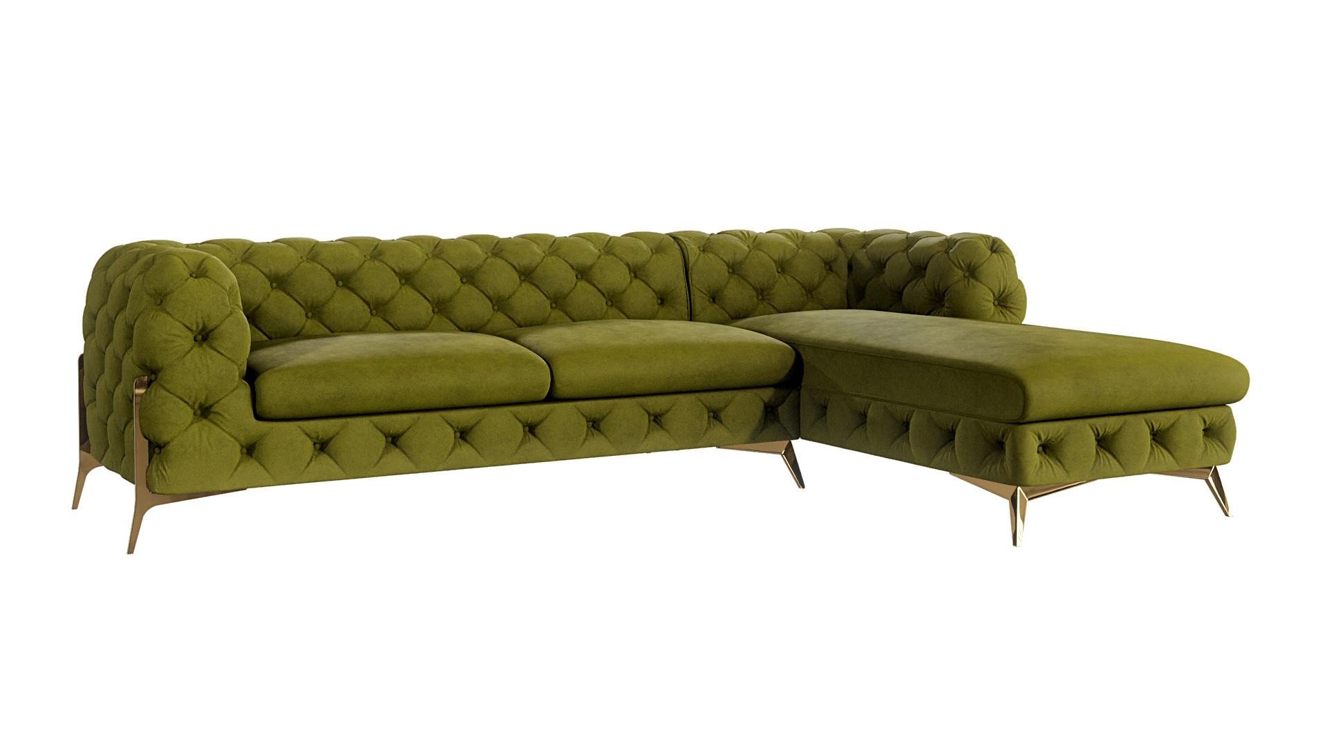 ECKSOFA Chesterfield Lexi Olive Samt, Ottomane rechts - Goldfarben/Olivgrün, Holz/Textil (305/200cm) - S-Style