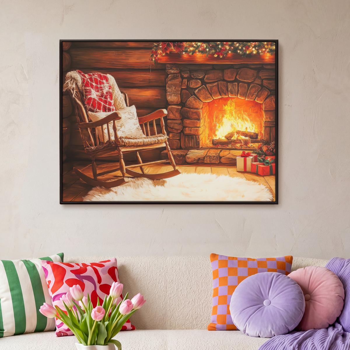 LEINWAND Bilder mit Rahmen - Winter - Weihnachten - Zuhause - Kamin - 100x70 - Bernsteinfarben, Textil (100/70cm) - MuchoWow
