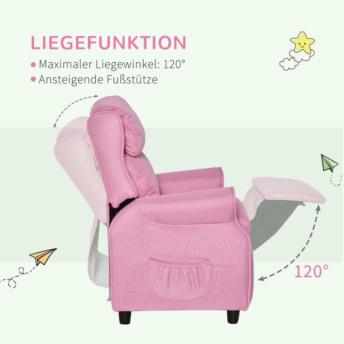 KINDERSESSEL Kindersofa Kindercouch Liegesofa verstellbar mit Fußstütze Rosa - Rosa, Holz (53/70/58cm) - HOMCOM