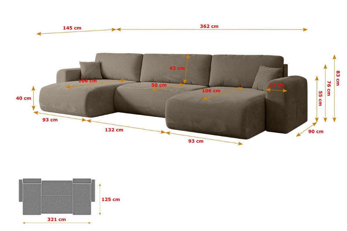 WOHNLANDSCHAFT mit Schlaffunktion und Bettkasten ORRO-U - 362x145x83 cm Braun Velours - Schwarz/Braun, Holzwerkstoff/Kunststoff (362/83/145cm) - ALTDECOR