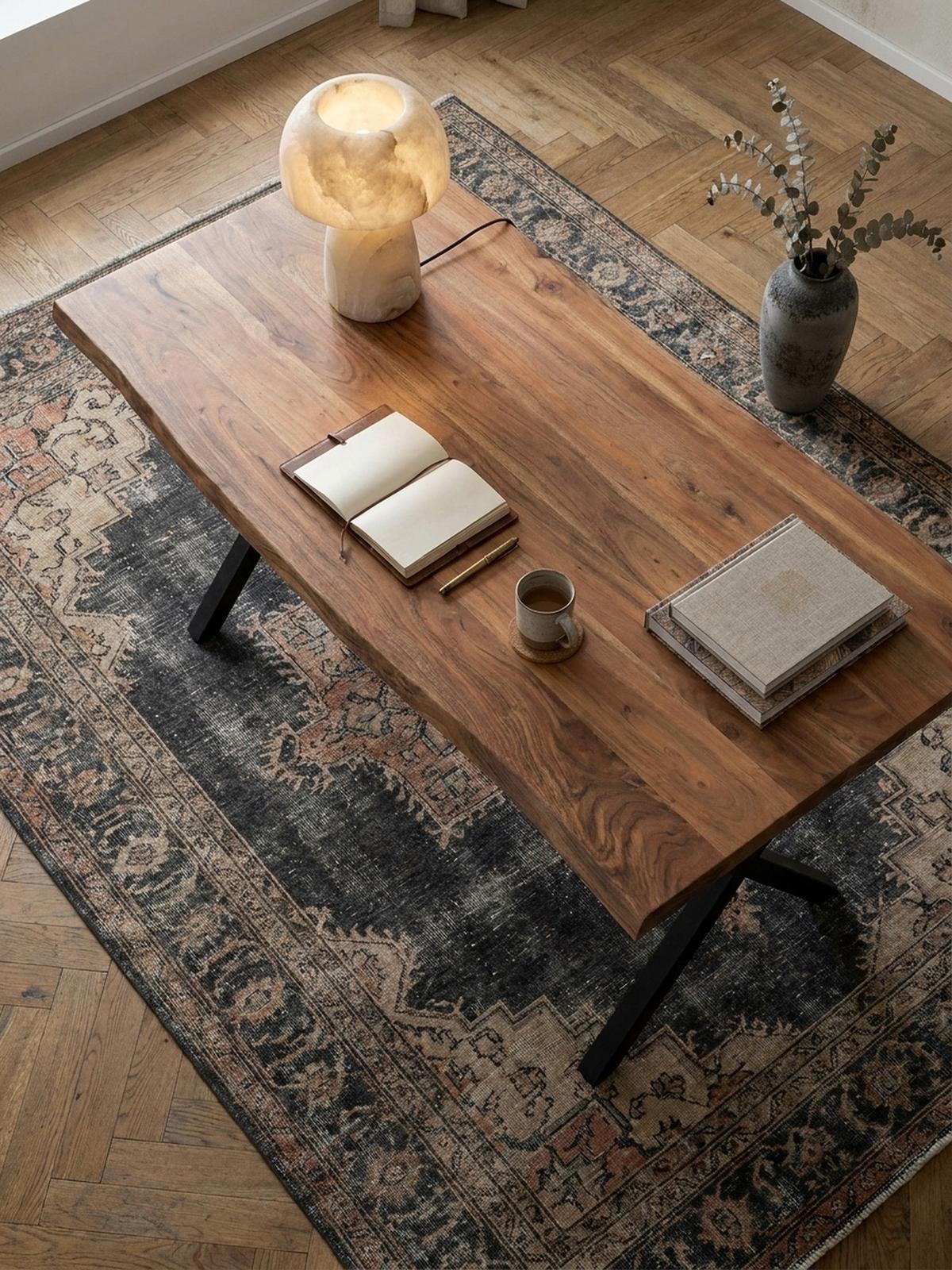 SCHREIBTISCH Massivholz X-Gestell Baumkante Handgefertigt KRETA, Goldbraun-Schwarz 160x80x76 cm - Schwarz/Braun, Holz/Metall (80/160/76cm) - KADIMA DESIGN