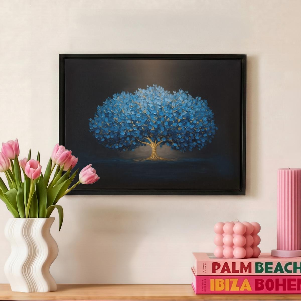 LEINWAND Bilder mit Rahmen - Baum - Blau - Blätter - Pinselstriche - 40x30 - Blau, Textil (40/30cm) - MuchoWow