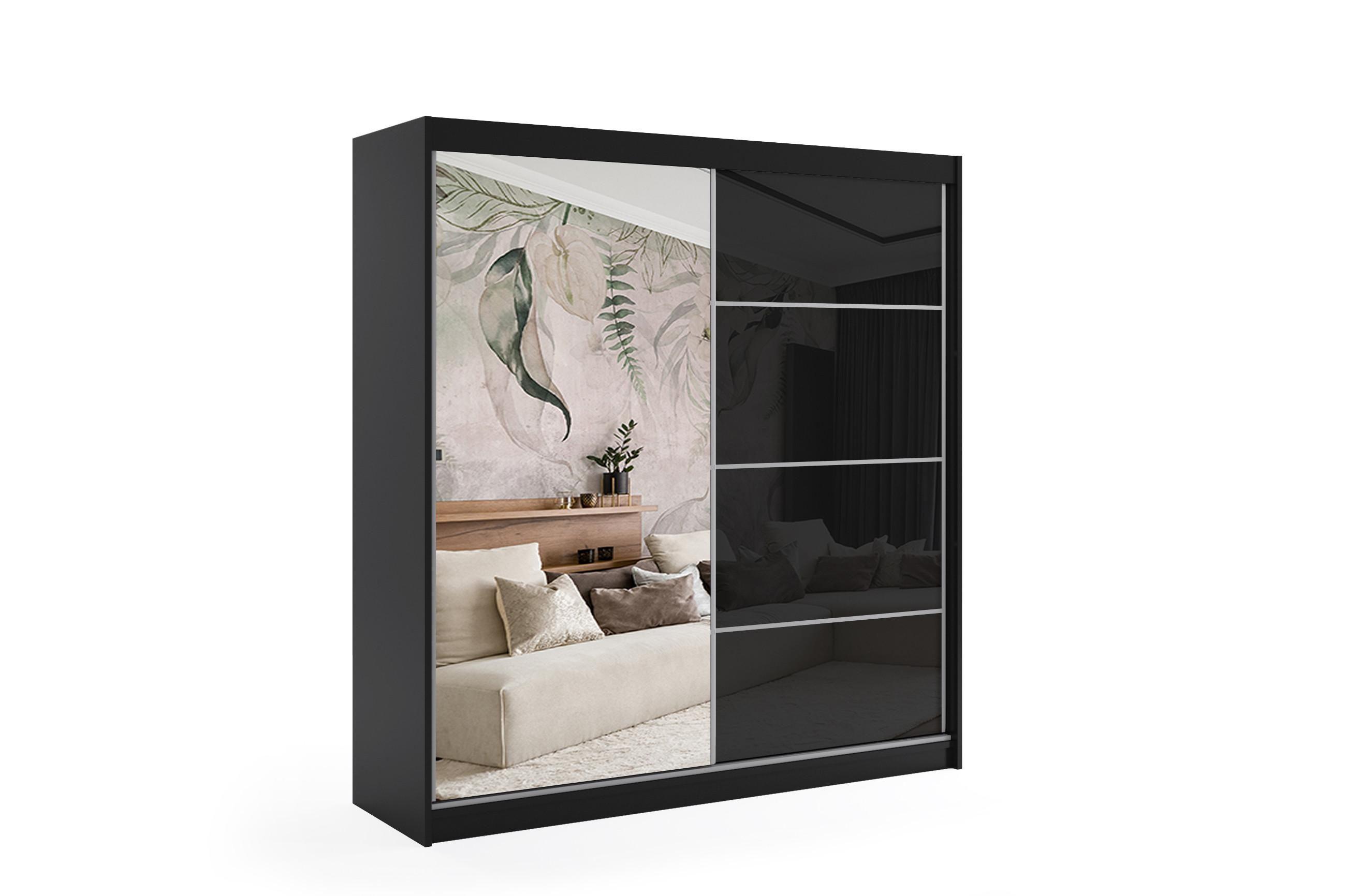 KLEIDERSCHRANK mit Spiegel-Schiebetüren und Aluminium-Leisten, LED-Beleuchtung - VIVONA - 200 cm Schwarz - Schwarz, Holzwerkstoff (120/216/61cm) - ALTDECOR
