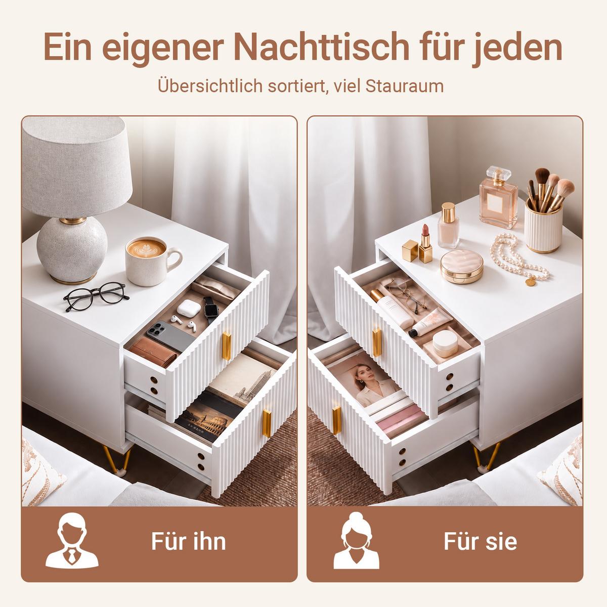 NACHTTISCH 2er Set, Beistelltisch mit 2 Schubladen, Weiß 40x47x40cm, Rillenfront und Metallbeine, modern, Schlafzimmer & Wohnzimmer - Weiß, Holzwerkstoff (40/47/40cm) - SoBuy