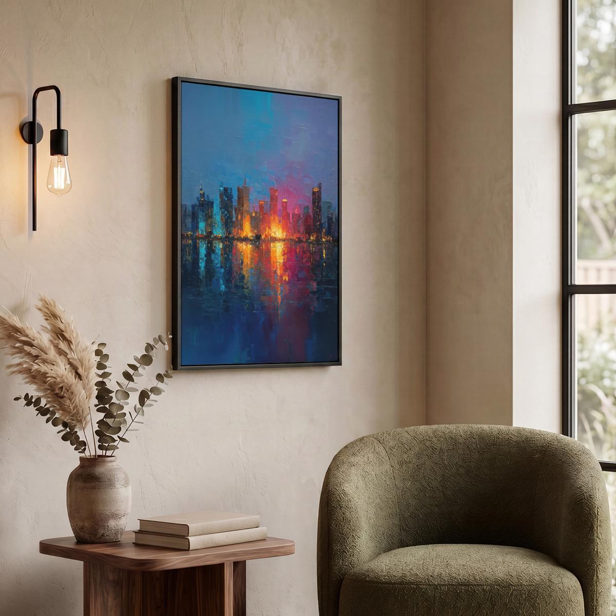 LEINWAND Bilder mit Rahmen - Skyline - Pinselstriche - Dunkelblau - Leuchtend - 60x80 - Blau, Textil (60/80cm) - MuchoWow