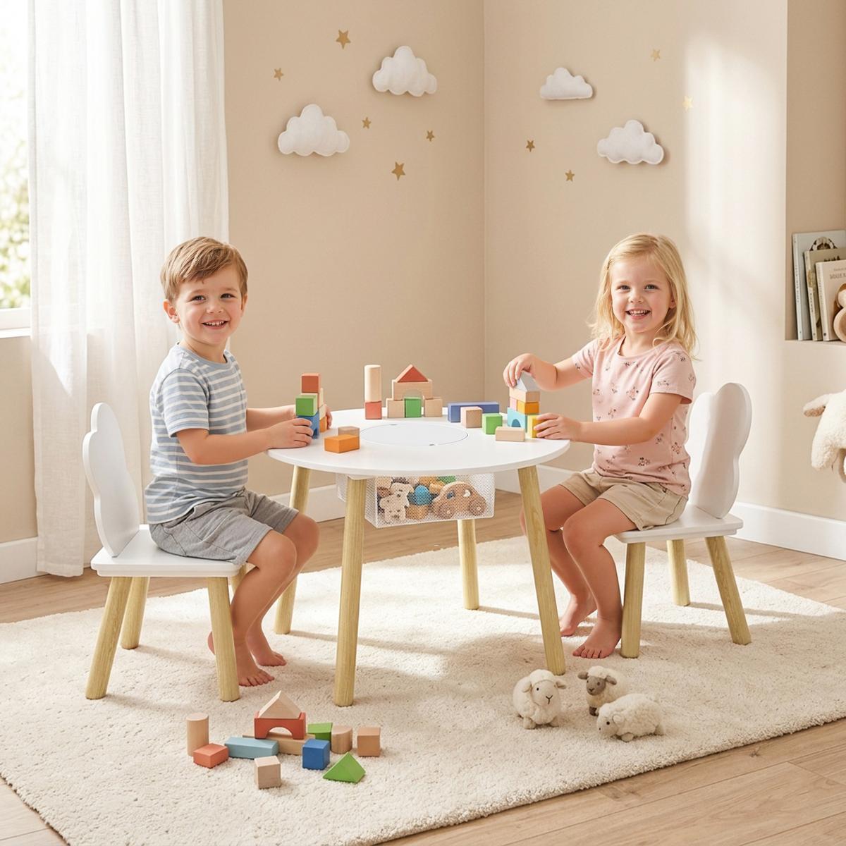 KINDERTISCH-UND-STUHLSET MDF Kiefernholz Weiß - Weiß/Kieferfarben, Holz (60/44/60cm) - AIYAPLAY