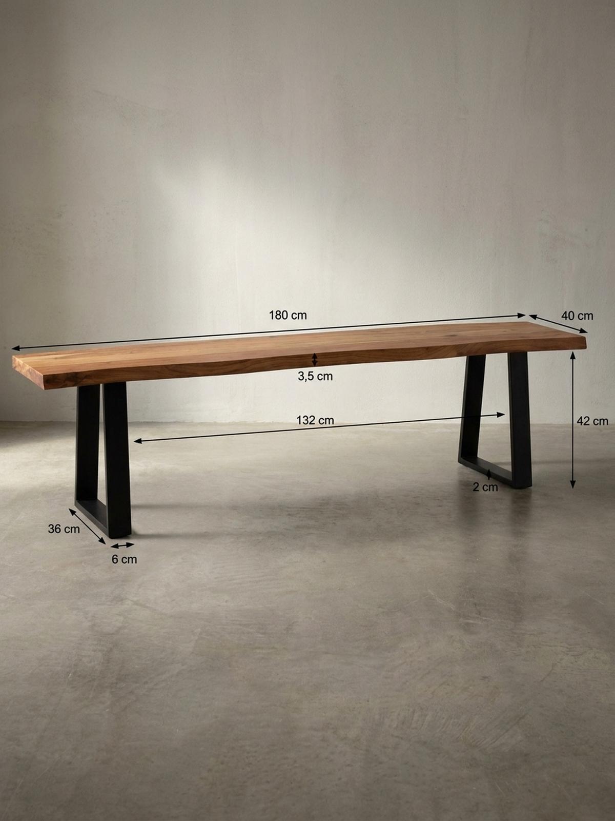 ESSZIMMERBANK Massivholz Metall Baumkante ohne Lehne, Akazie 180x40x46 cm - Schwarz/Braun, Holz/Metall (180/46/40cm) - KADIMA DESIGN
