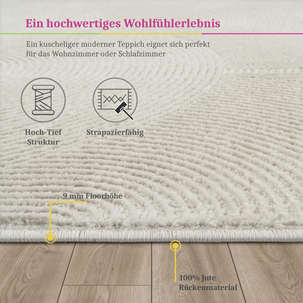 KURZFLORTEPPICH, abstrakt, Florhöhe 9 mm, Creme, 80 x 150 cm - Creme, Textil (150/80cm) - KADIMA DESIGN