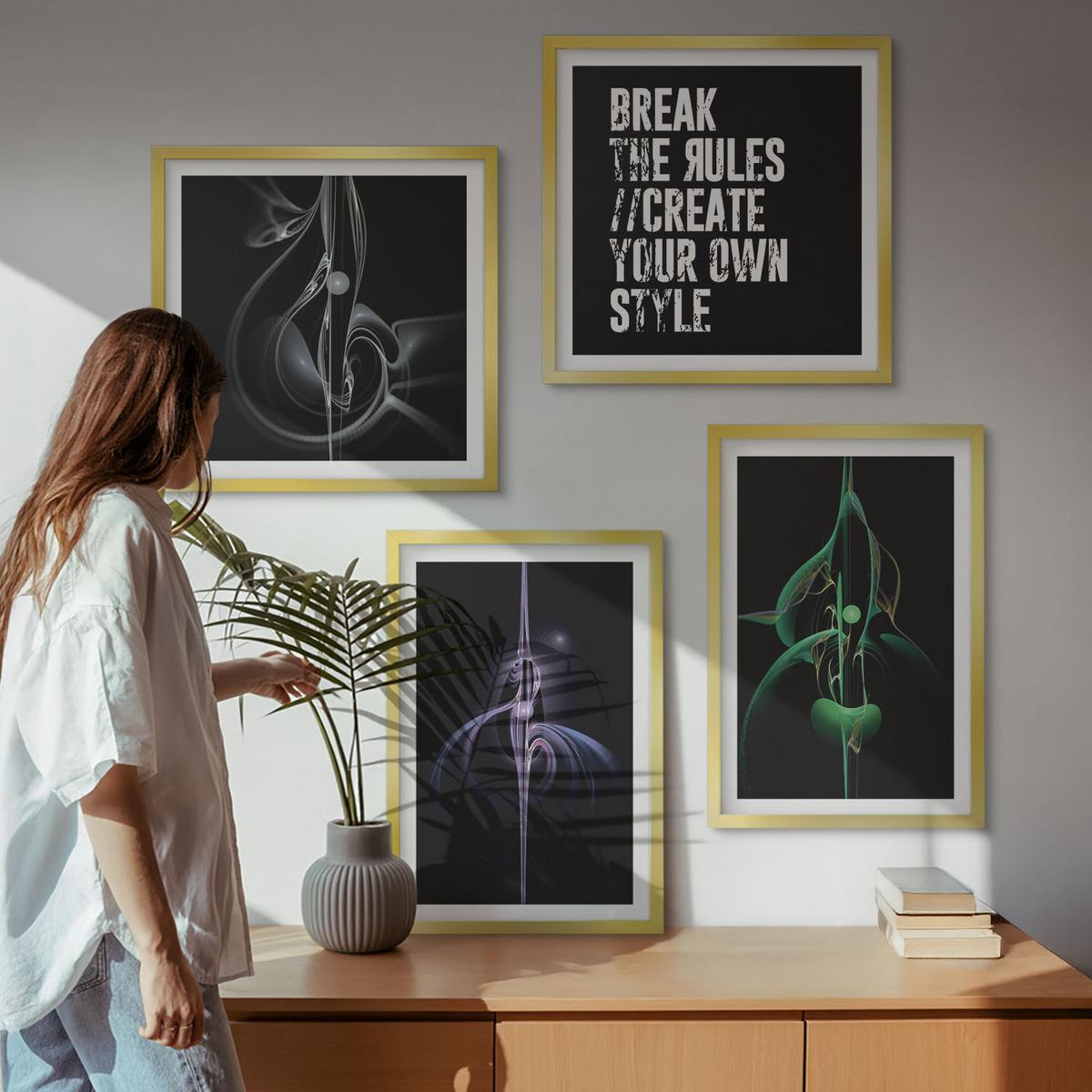 BILDER SET 4er Set - 50x50 cm & 40x60 cm Goldrahmen - Abstrakte schwarze Muster - Goldfarben, Kunststoff (50/50cm) - TULUP