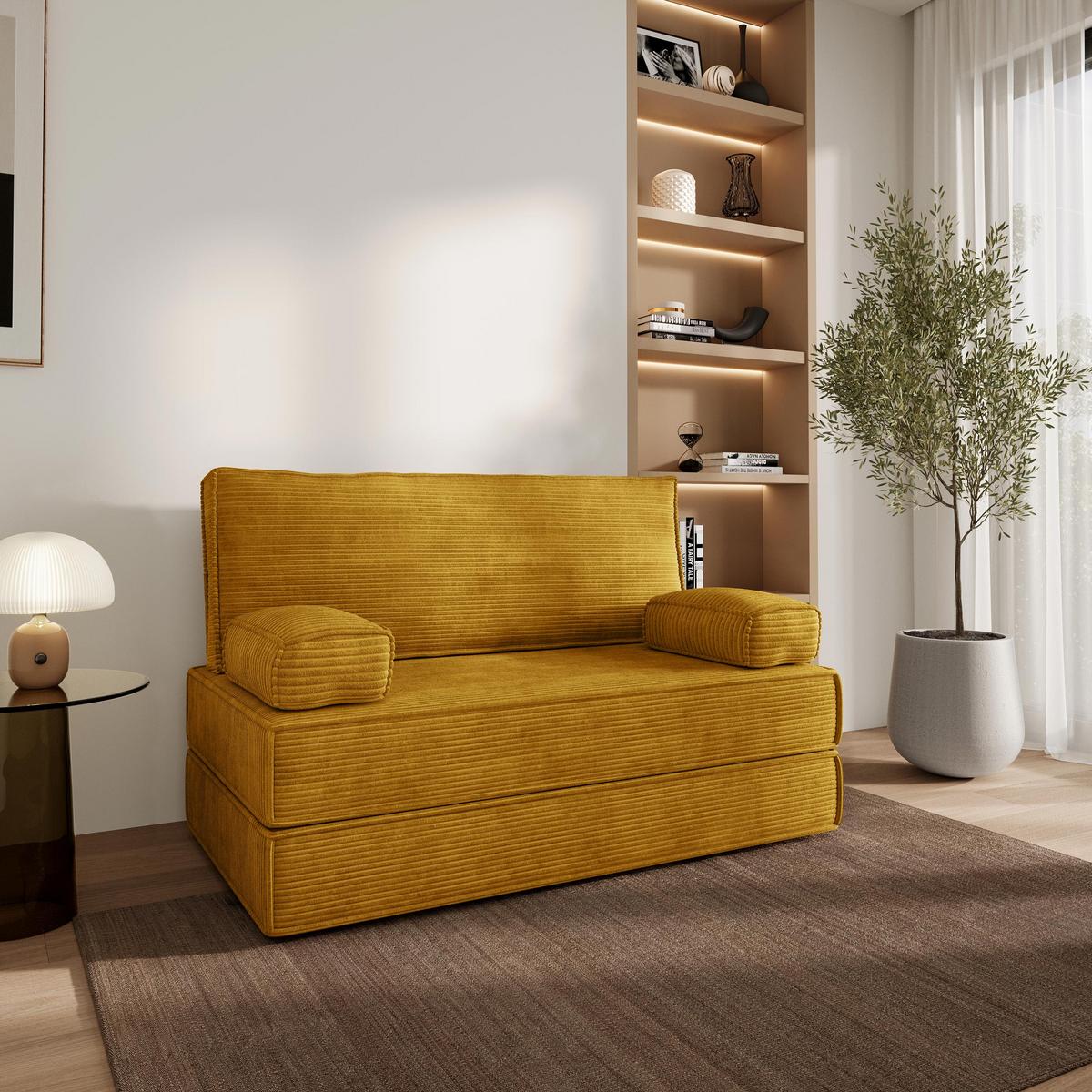 BETTSOFA LADIA aus Schaumstoff Cordstoff Gelb Schlaffunktion - Gelb, Textil (140/86/60cm) - MASSENO