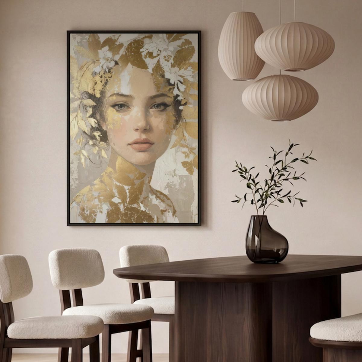 LEINWAND Bilder mit Rahmen - Gesicht - Frau - Blätter - Gold - 90x140 - Beige, Textil (90/140cm) - MuchoWow