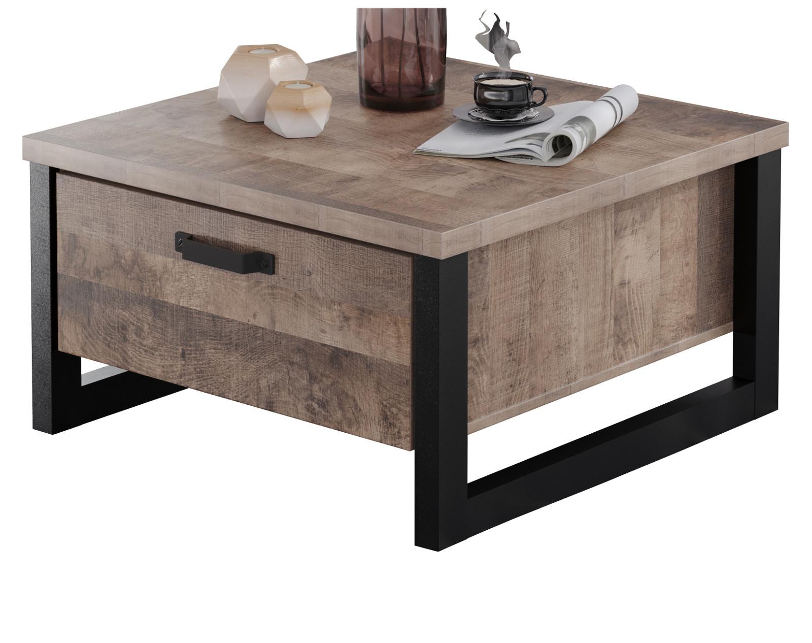 COUCHTISCH Eiche Tabak, schwarz 80 x 80 cm quadratisch, Beistelltisch mit 2x Schubkasten - Eichefarben/Schwarz, Holzwerkstoff/Kunststoff (80/80/45cm) - Top.Furn