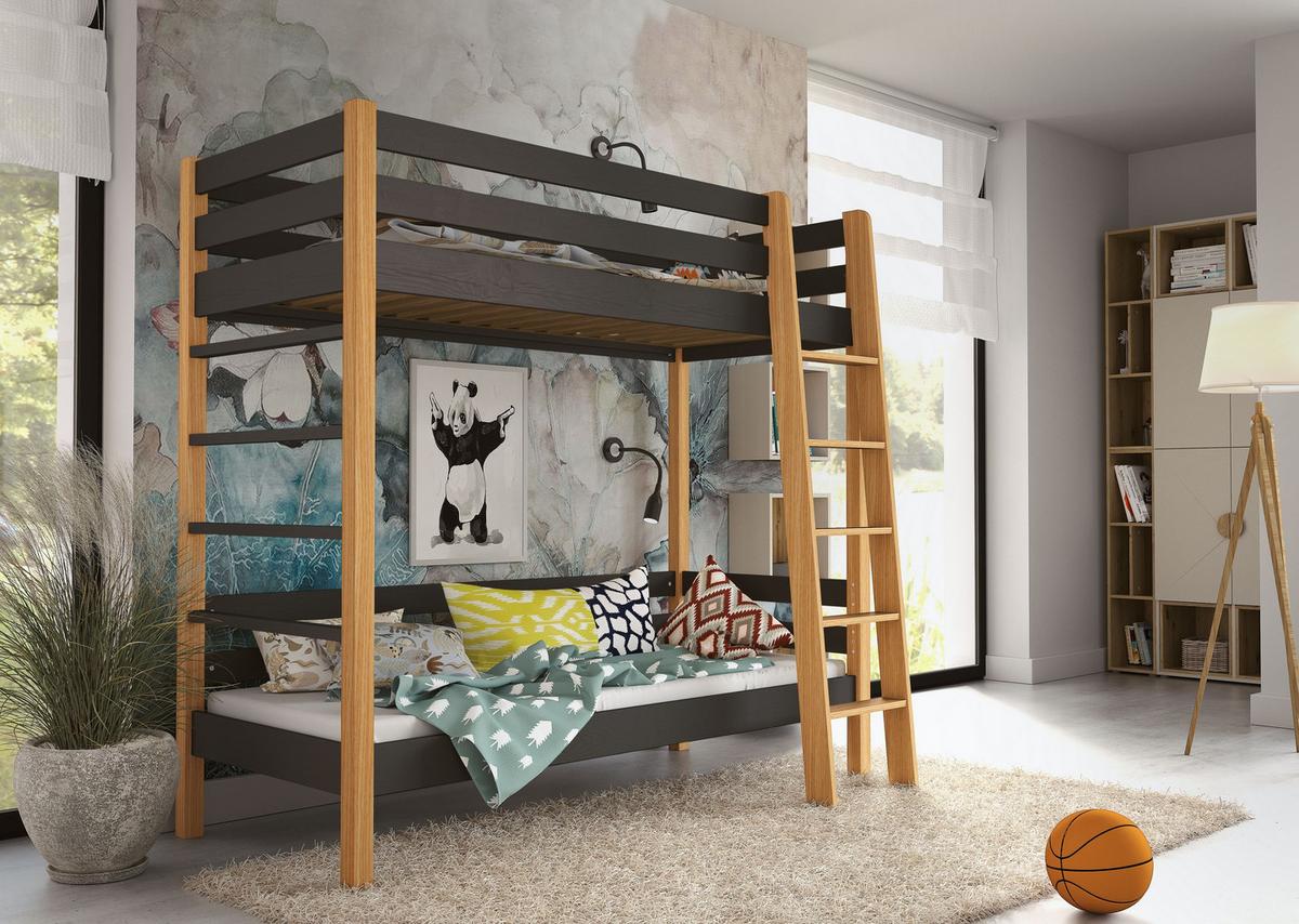 ETAGENBETT ZELDA 80x190 cm Czarny - Schwarz/Kieferfarben, Holz (80/190cm) - MASSENO