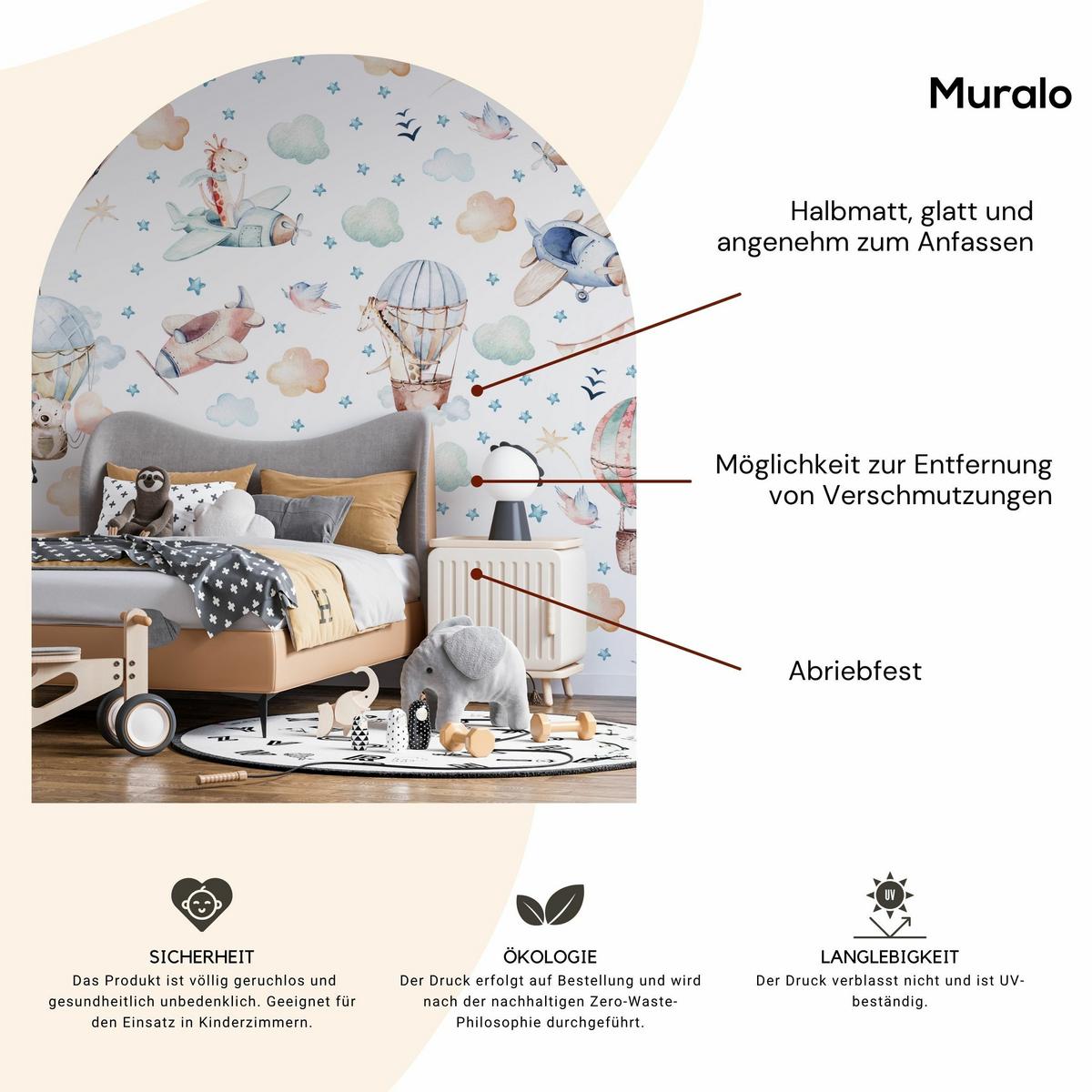 WANDAUFKLEBER SET Wilde Tiere Wolken Flugzeuge Luftballons 120x60 - Beige/Rosa, Papier (120/60/1cm) - Muralo