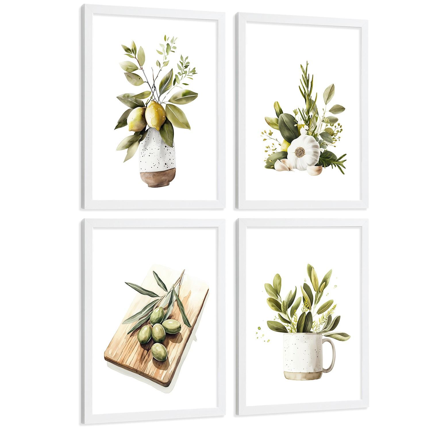 POSTER 4er Set Mediterrane Küchen-Wandbilder Zitronen Knoblauch Oliven Kräuter Aquarell Esszimmer Deko Weißer Rahmen A3 - Weiß, Papier (29.7/1/42cm) - Nacnic