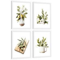 POSTER 4er Set Mediterrane Küchen-Wandbilder Zitronen Knoblauch Oliven Kräuter Aquarell Esszimmer Deko Weißer Rahmen A3 - Weiß, Papier (29.7/1/42cm) - Nacnic