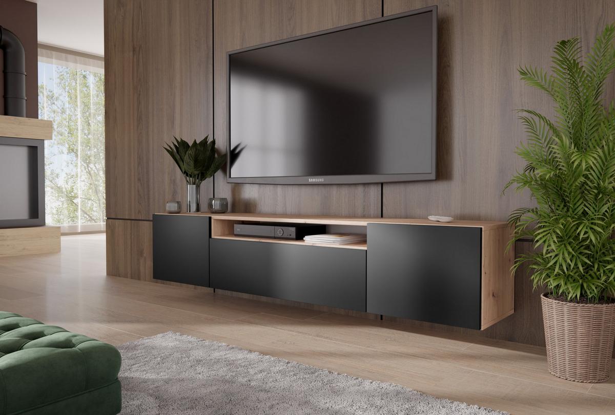 LOWBOARD MIVO 200/41/40 cm, Hängender TV-Schrank Eiche Artisan - Schwarz/Eiche Artisan, Holzwerkstoff (200/41/40cm) - MASSENO