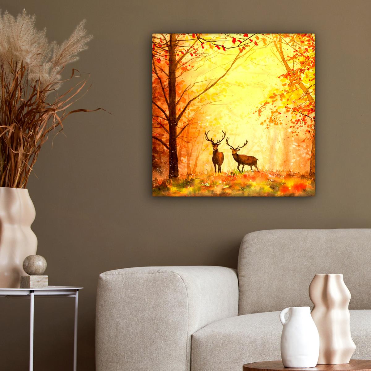 LEINWANDBILD Natur - Ölfarbe - Hirsche - Tiere - Herbst - Orange Wandbild Wohnzimmer 50x50 cm - Orange, Textil (50/50cm) - MuchoWow