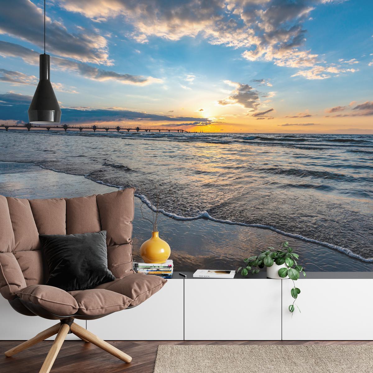 FOTOTAPETE für Wohnzimmer Sonnenuntergang Pier Romantik Meer 100x70 - Blau/Gelb, Papier (100/70cm) - Muralo