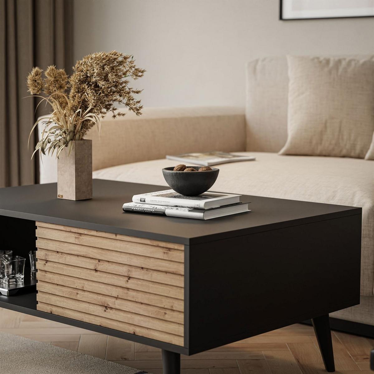 COUCHTISCH CONE mit Schubladen L104 - Eichefarben/Schwarz, Holzwerkstoff (68/104/46cm) - Lookway