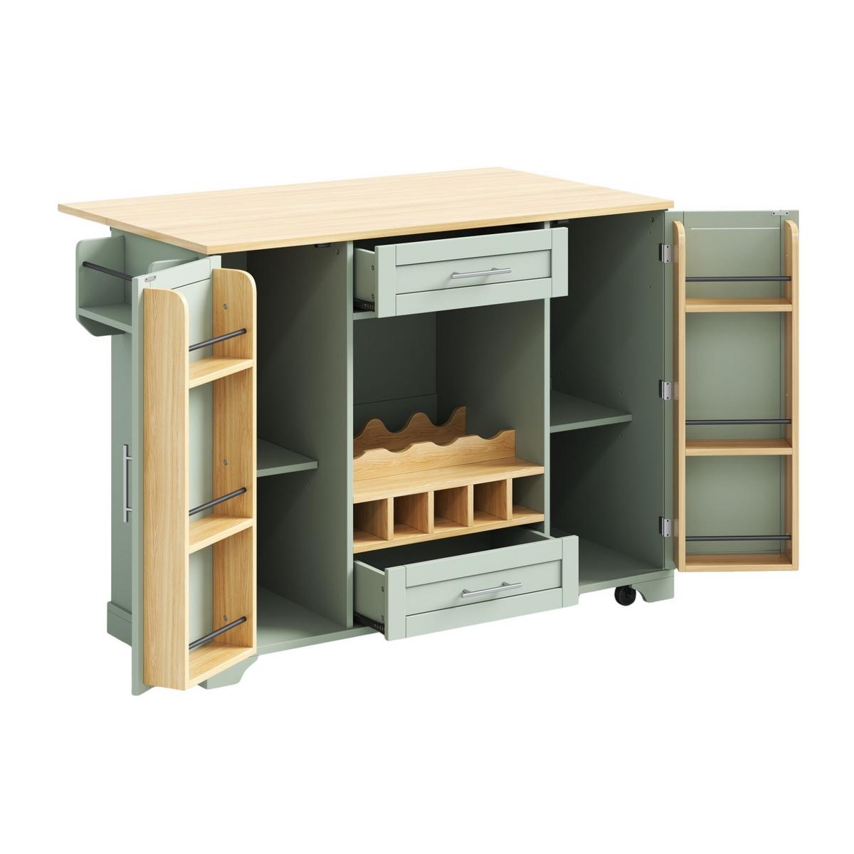 KÜCHENINSEL Antique Green Mit Klapptisch, Weinregal & Rollen - Waldgrün, Holzwerkstoff (138/92/70cm) - Urban Meuble