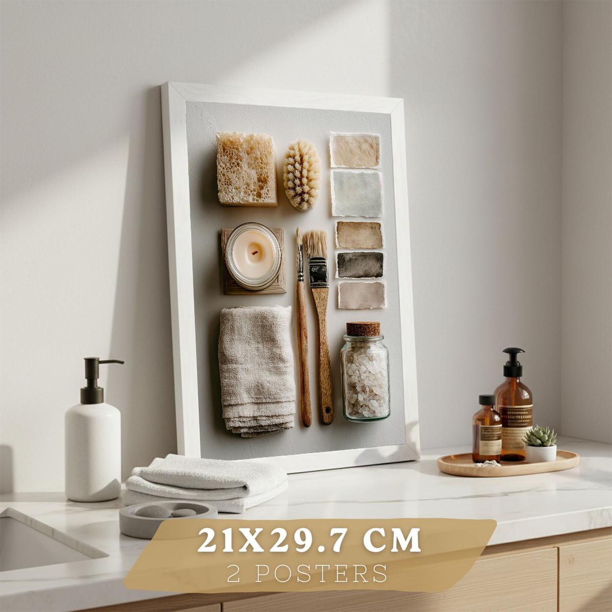 POSTER 2er-Set dekorative Badezimmer-Wandbilder und für Waschbecken, Dusche, WC mit Seifen, Tassen, Blumen künstlerischer Naturstil Weißer Rahmen A4 - Weiß, Papier (29.7/21/3cm) - Nacnic