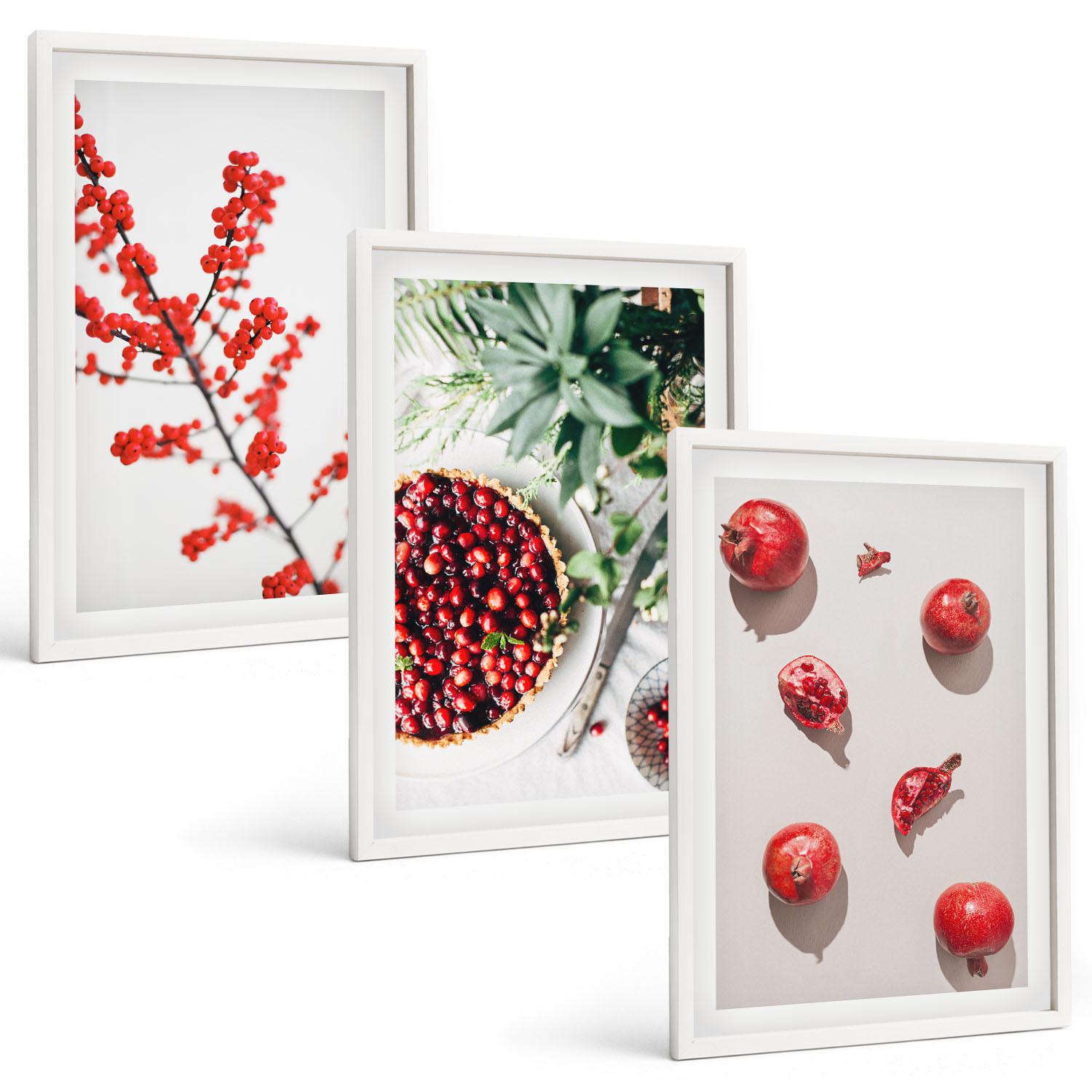 BILDER SET 3er Set - 40x60 cm Weißer Rahmen - Minimalismus der roten Früchte von Pflanzen - Weiß, Kunststoff (40/60cm) - TULUP