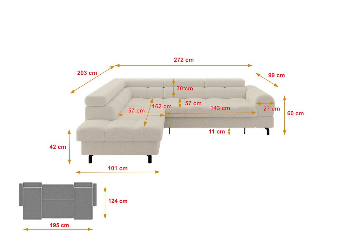ECKSOFA mit Schlaffunktion Ottomane Links LUMA-L 272x203x70 Beige Bouclé - Sandfarben/Schwarz, Holzwerkstoff/Kunststoff (272/203cm) - ALTDECOR