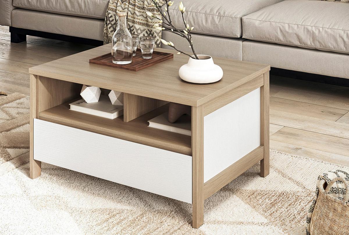 COUCHTISCH weiß und Eiche, Beistelltisch skandinavisch, 80 x 60 cm, Soft-Close, Finnes - Eichefarben/Weiß, Holzwerkstoff (60/80/46cm) - Furn.Design