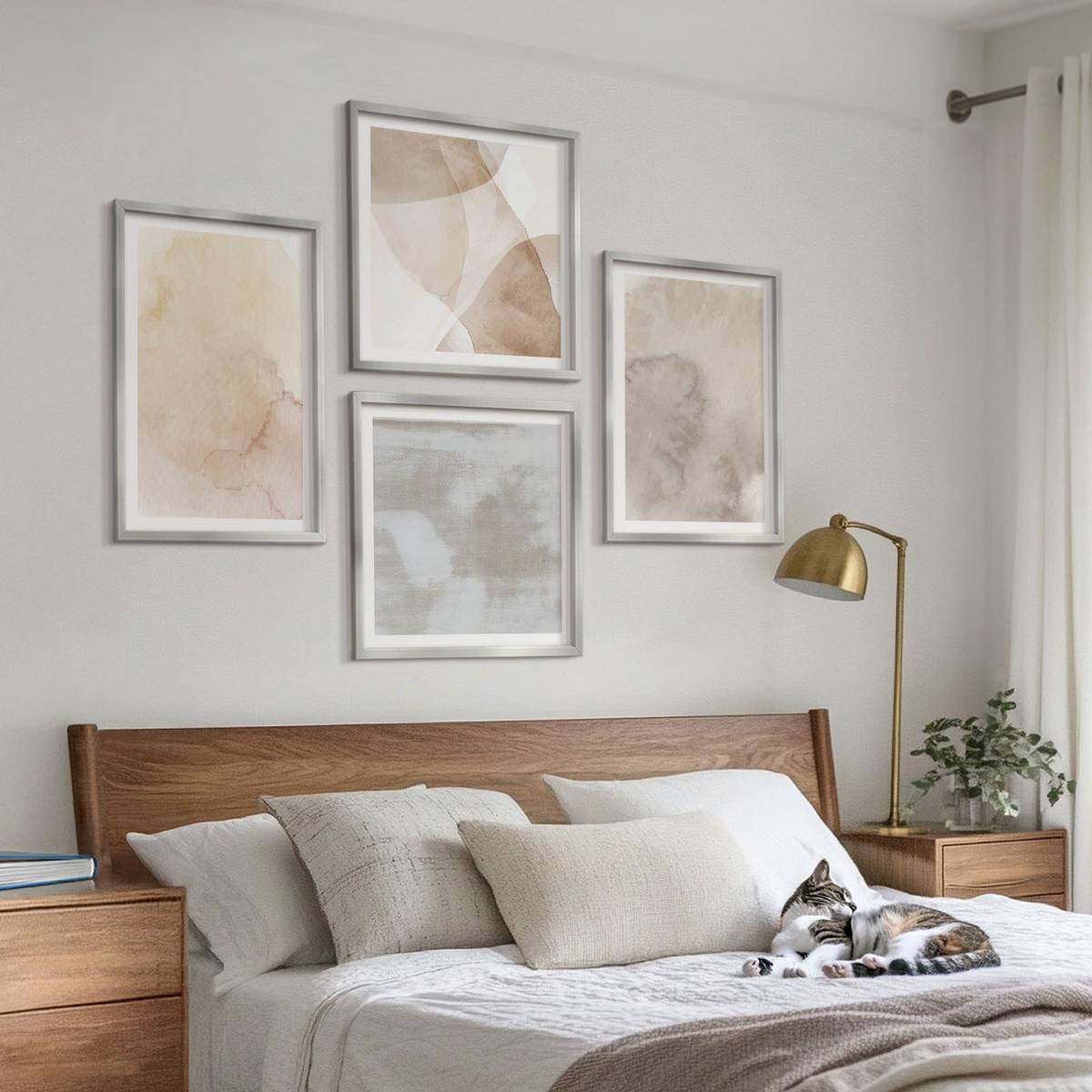 BILDER SET 4er Set - 50x50 cm & 40x60 cm Silberner Rahmen - Warme Aquarell-Pastelltexturen - Silberfarben, Kunststoff (50/50cm) - TULUP