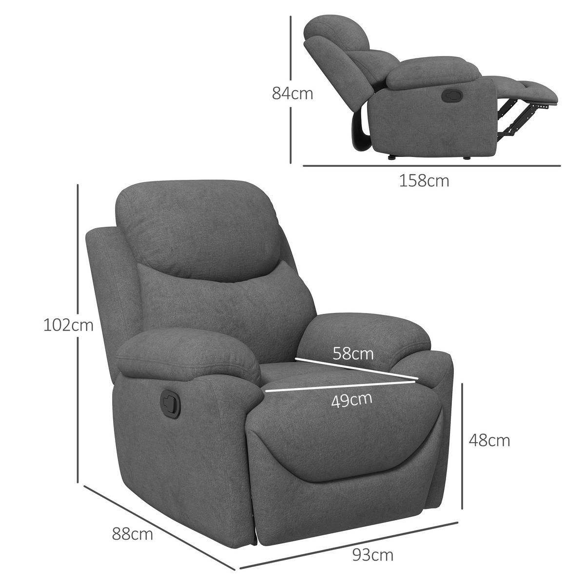 RELAXSESSEL, Fernsehsessel mit Liegefunktion, Liegesessel mit Leinenoptik, Grau - Schwarz/Grau, Textil/Metall (88/102/93cm) - HOMCOM