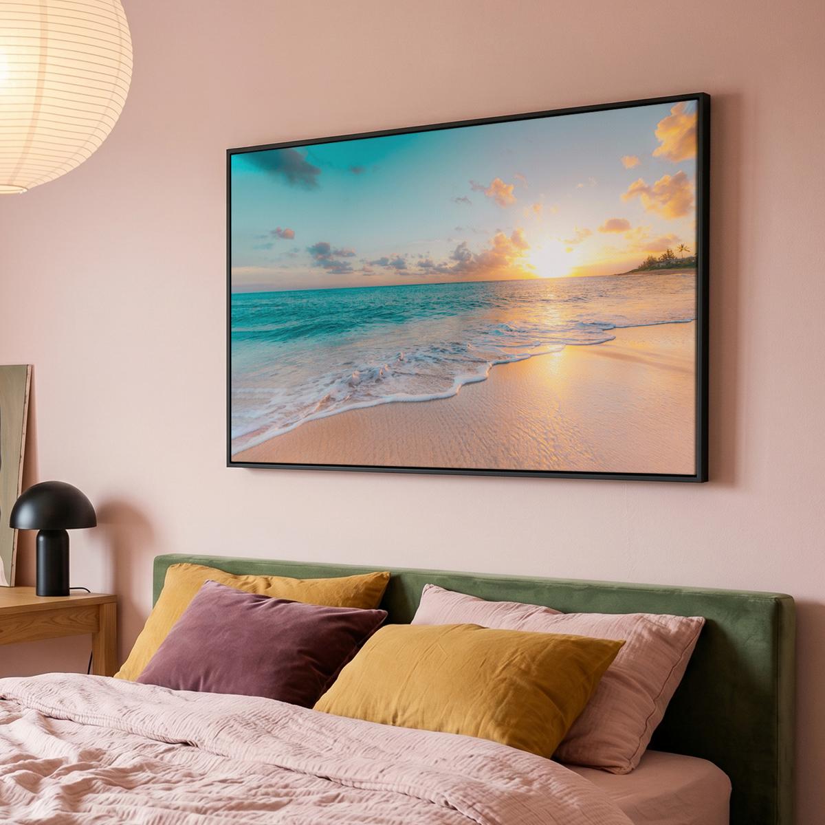 LEINWAND Bilder mit Rahmen - Sonnenuntergang - Strand - Meer - Sommer - Blau - 150x100 - Multicolor, Textil (150/100cm) - MuchoWow