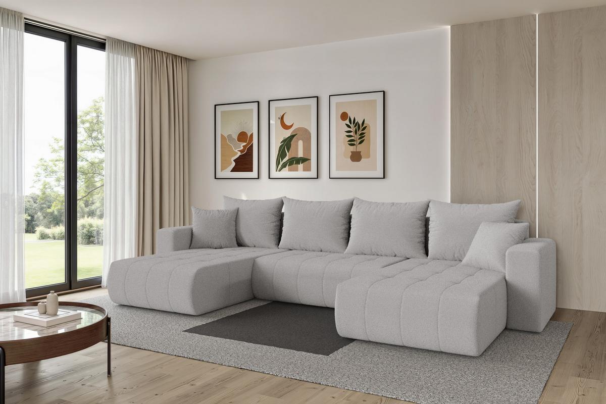 WOHNLANDSCHAFT mit Schlaffunktion und Bettkasten MILA-U 378x194x86 Hellgrau Bouclé - Silberfarben/Hellgrau, Holzwerkstoff/Kunststoff (378/86/194cm) - ALTDECOR