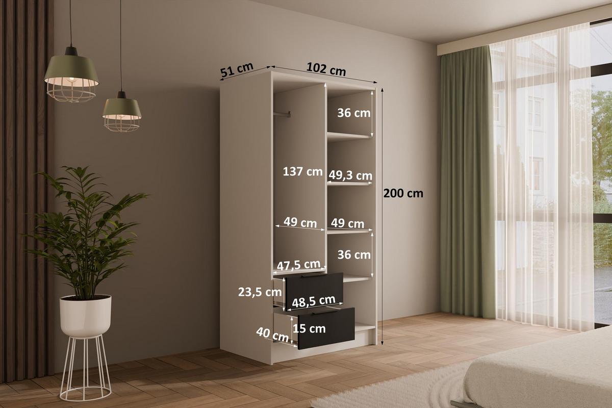 KLEIDERSCHRANK NELIA - 120 cm - Schwarz/Weiß, Holzwerkstoff (102/200/51cm) - ALTDECOR