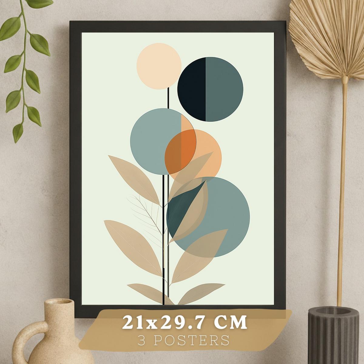 POSTER 3er Kunstdruck-Set Wandbilder Floral Abstrakt Blau Grün modern Wohnzimmer Deko, Schlafzimmer, Küche, Badezimmer Rahmenlos A4 - Schwarz, Papier (29.7/1/21cm) - Nacnic