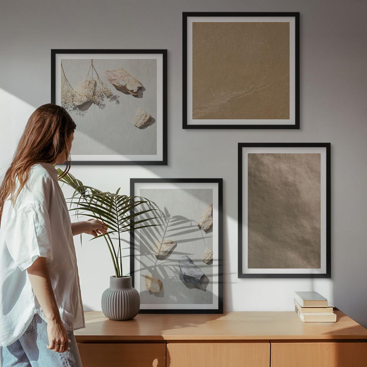 BILDER SET 4er Set - 50x50 cm & 40x60 cm Schwarzer Rahmen - Strandsteine natürliche Strukturen - Schwarz, Kunststoff (50/50cm) - TULUP