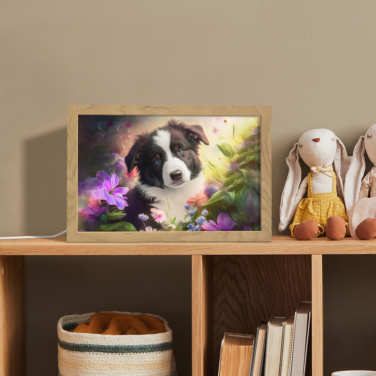 NACHTTISCHLAMPE Welpe - Sonne - Blumen - Natur - Border Collie - Hund 30x20 cm - Violett, Holzwerkstoff (8/30/20cm) - OnlyWow