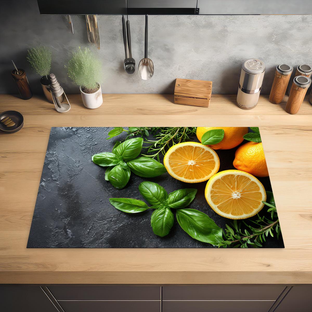 HERDABDECKPLATTE Obst - Grau - Konkret - Orange - Pflanzen Ceranfeldabdeckung 78x52 cm - Anthrazit, Kunststoff (78/52/0.2cm) - MuchoWow