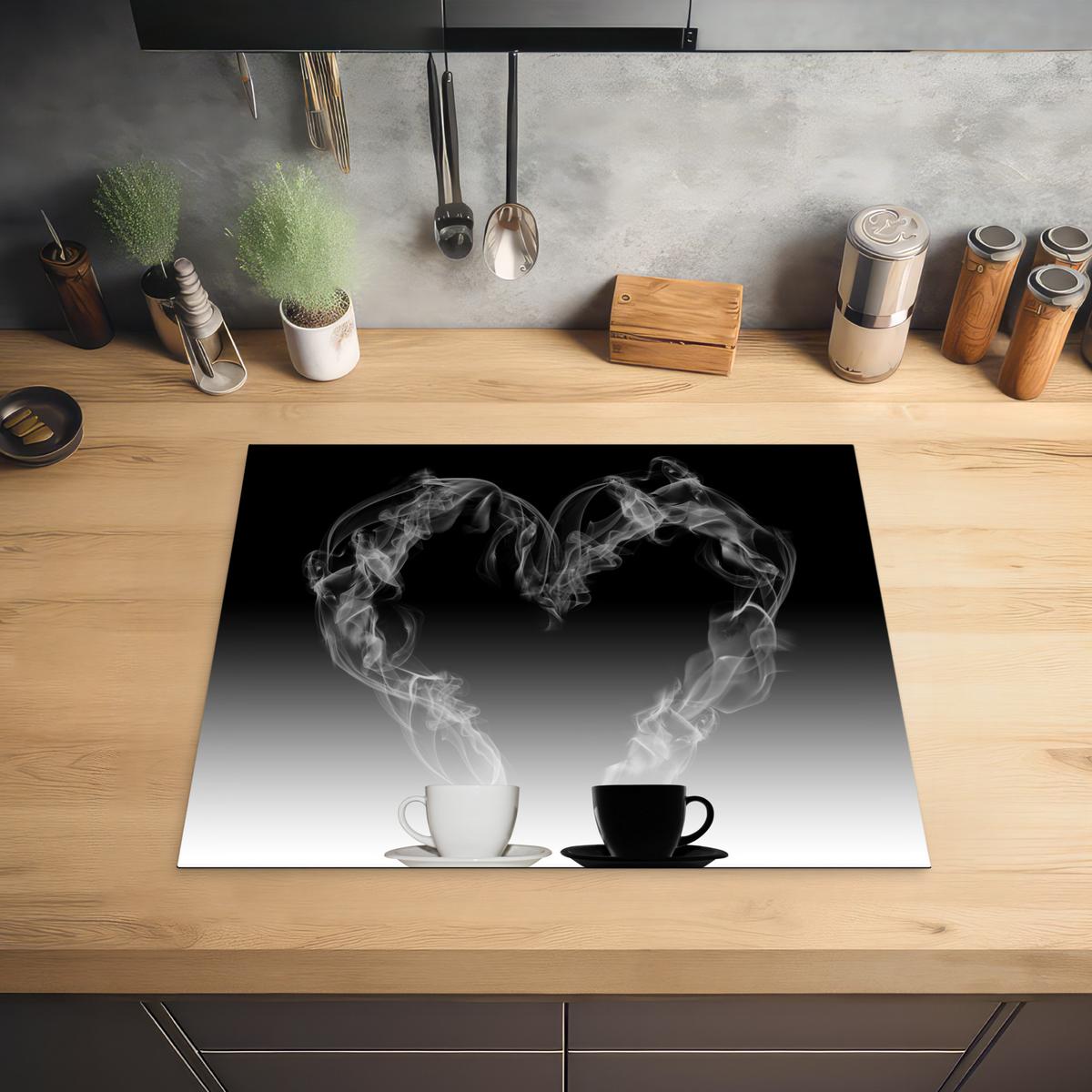 HERDABDECKPLATTE Kaffee - Herz - Schwarz und weiß - Tassen Herdabdeckung Induktionsfeld 65x52 cm - Weiß, Kunststoff (65/52/0.2cm) - MuchoWow