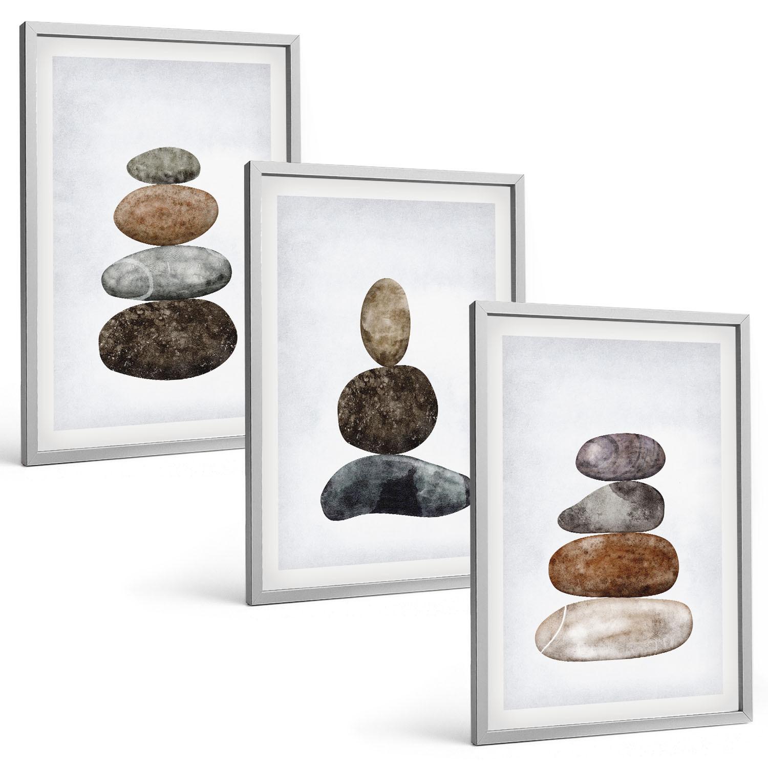 BILDER SET 3er Set - 40x60 cm Silberner Rahmen - Minimalistische Boho-Steine - Silberfarben, Kunststoff (40/60cm) - TULUP