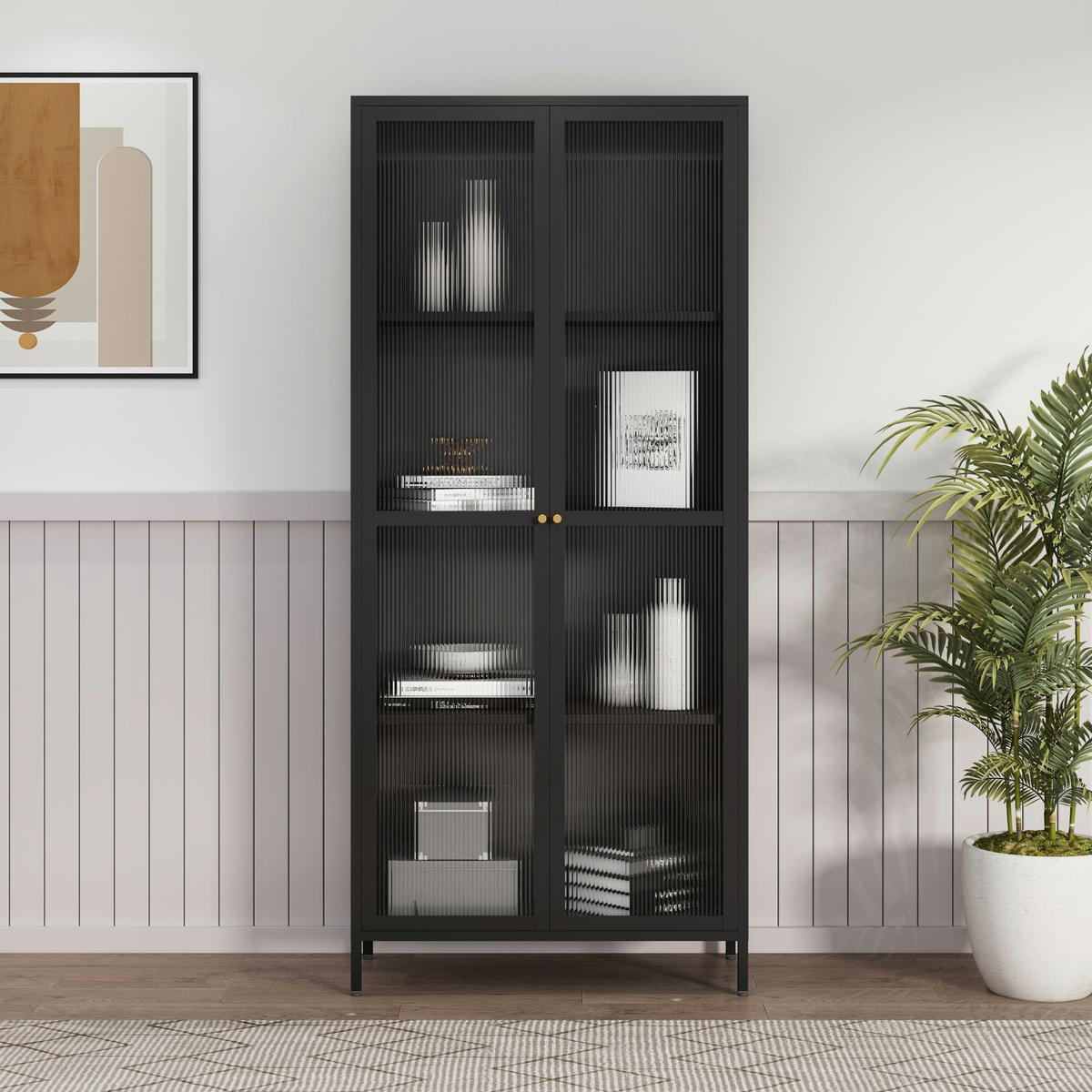 VITRINENSCHRANK Säkylä - Schwarz, Glas/Metall (80/180/35cm) - [en.casa]