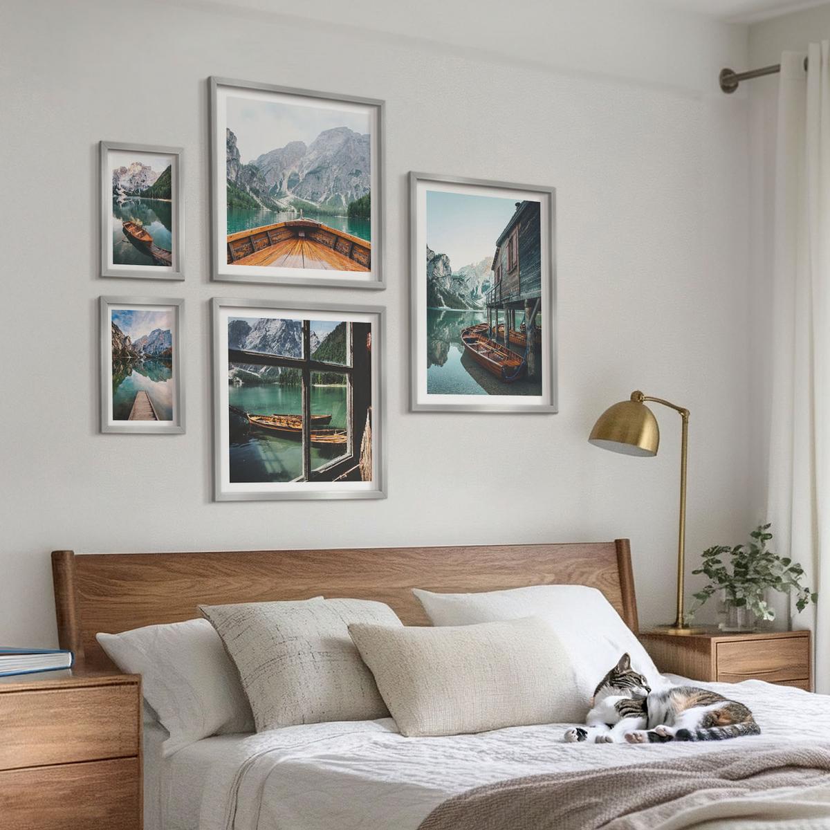 BILDER SET 5er Set - 50x50 cm & 20x30 cm & 40x60 cm Silberner Rahmen - Haus am Bergsee Łódź - Silberfarben, Kunststoff (40/60cm) - TULUP