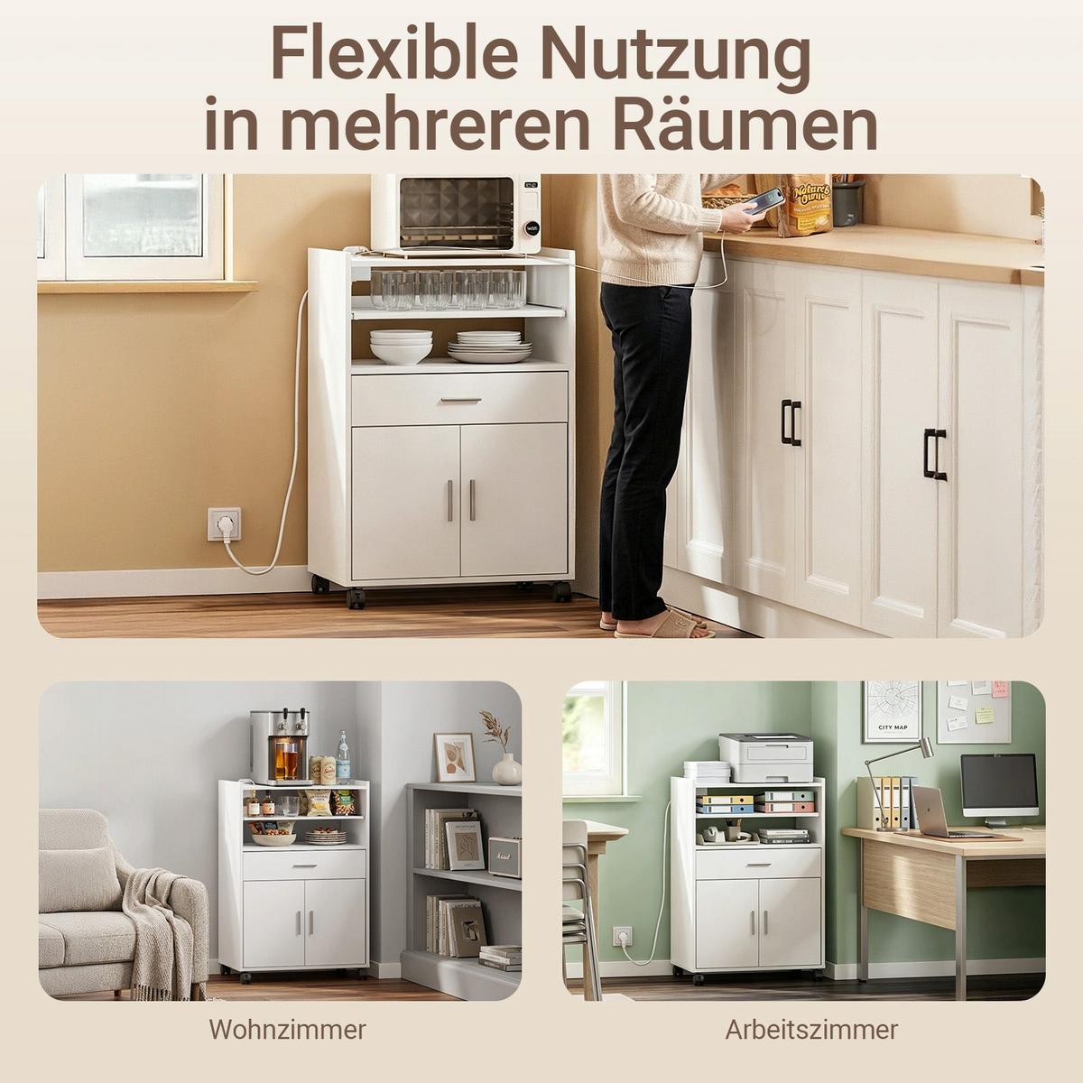 MIKROWELLENSCHRANK mit 4-in-1-Ladestation 61,5×40×92 cm - Ahornfarben, Fell (61/92/40cm) - SoBuy