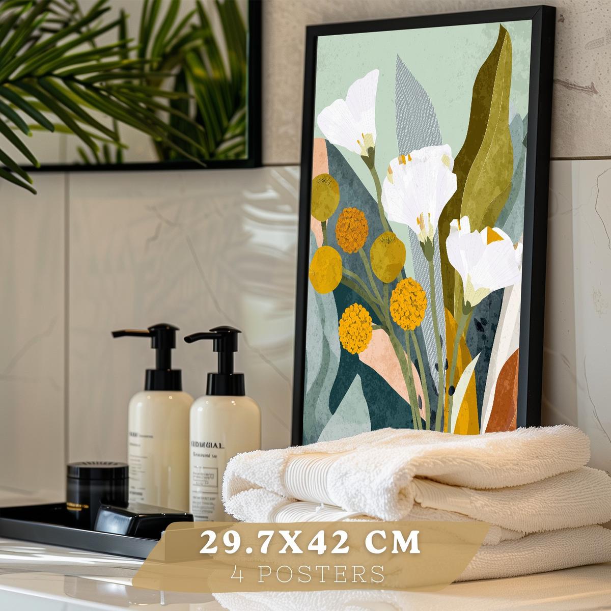POSTER 4er-Set dekorative Badezimmerdrucke, moderne abstrakte florale Wandposter für Waschbecken, farbenfrohe nordische Dekoration Schwarzer Rahmen A3 - Schwarz, Papier (42/29.7/3cm) - Nacnic