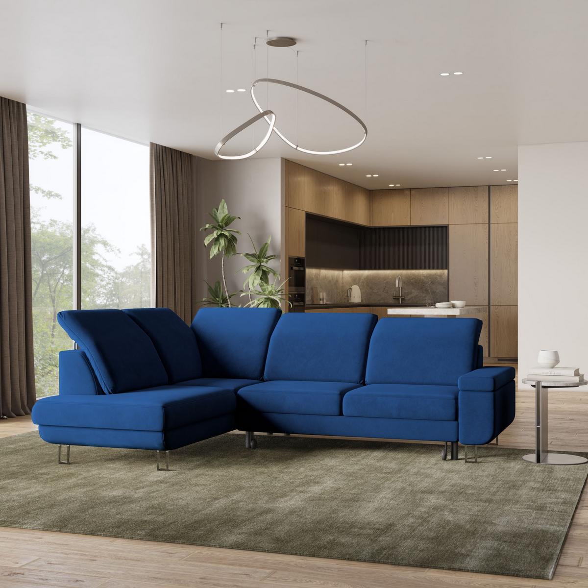 ECKSOFA LERMA L-S Blau Velours-Stoff mit Schlaffunktion - Blau/Silberfarben, Holz/Textil (253/190cm) - MASSENO