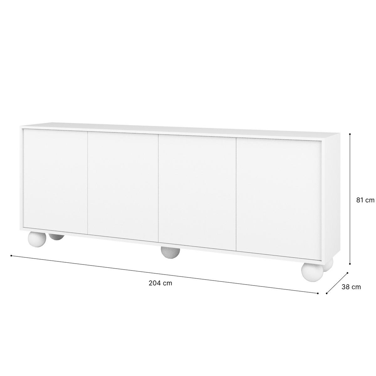 KOMMODE Adel mit 4 Türen und runden Füßen, 204 cm, Griffloss, Weiß - Weiß, Holzwerkstoff (204/81/38cm) - Beautysofa